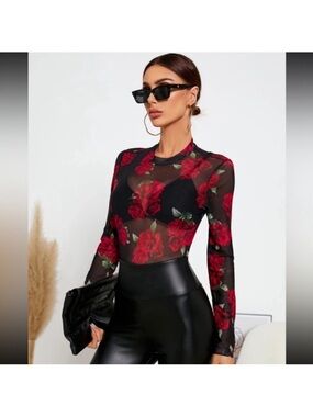 Black Floral Red Rose Print Mesh Sheet Top Long Sleeve